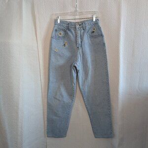 Vintage Nevada Sunflower Embroidered Mom Jeans High Rise Light Wash Size 27 Boho